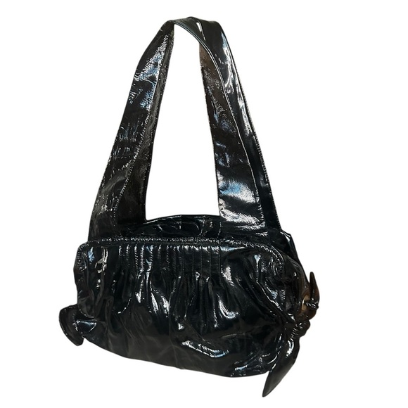 Renato Angi black patent leather top handle bag  Italy zip closure bow READ - Picture 1 of 11